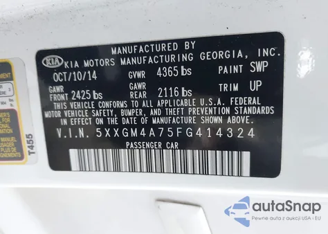 2015 Kia Optima Lx from USA, damaged, VIN 5XXGM4A75FG414324
